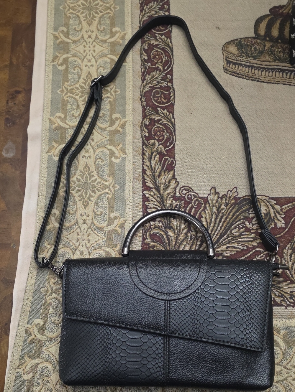 Classic Black Textured Crossbody Satchel - Unbranded